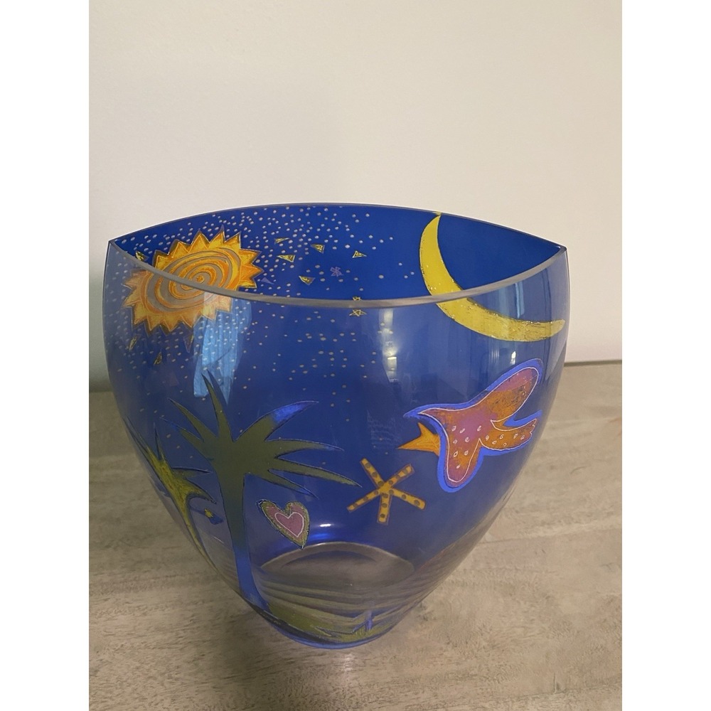 Celestial Whimsigoth Blue Art Glass Vase Signed Mára Moon Sun Dove Star Decor - Picture 4 of 7